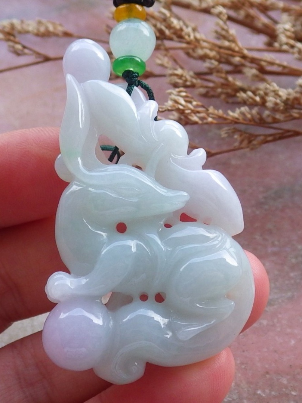Certified Natural A Jade Jadeite Fox Peach Lotus Flower Ruyi Pendant Necklace